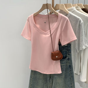 Slim Fit V-Neck Short Sleeve T-Shirt Womens Summer New Style Simple Fashion Pure Color Commute Style Korean Version Cotton Blend