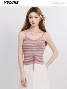 Áo Ba Lỗ Cổ Chữ V Kẻ Sọc Thu Đông 2025 Áo Ba Lỗ Nhỏ Nữ Thiết Kế Thắt Eo Có Dây Rút Áo Lót Bên Trong Áo Ba Lỗ