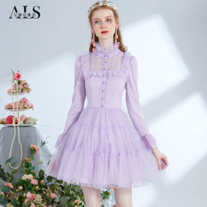Alice 2025 Sweet Net Princess Dress Purple Knitted Short Lace Hem Dress Fairy Tale Style Pure Color Long Sleeve A-Line Skirt