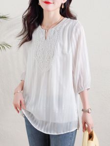 High-End Lace Chiffon Top V-Neck plus Size Womens Mid-Sleeve Loose Fitting Slimming Summer New Style Korean Version Polyester Fiber