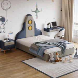Real Leather Rocket Childrens Bed Solid Wood Guardrail Teenage Bedroom Furniture Simple Modern Style Fun Toy Pattern Decor