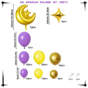 113Pcs Eid Mubarak Balloon Decoration Set Purple Yellow Gold Balloon Arch Kit with Moon Star Foil Balloons for Ramadan Eid Party