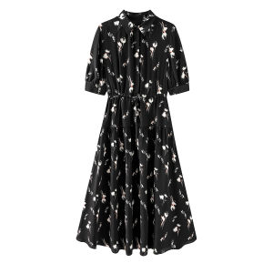 Childe Yao Womens Black Print Dress Elegant Waist-Cinching Summer New Style High Waist Slimming Skirt Polyester Fabric A-Line Dress