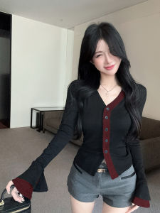 GUZILIAN | Slim Fit V-Neck Long Sleeve T-Shirt Womens Autumn Winter New Style Base Layer Shirt Inner Wear Top Color Block Design Commute Style