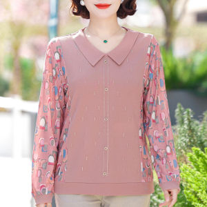 Fashionable Knitted Long Sleeve T-Shirt Autumn Wear Base Layer Top for Middle-Aged Women Comfortable Loose Fit Polyester Fiber