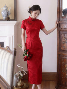 Đầm Cưới Vintage Cheongsam Áo Ngắn Tay Đỏ Chất Lượng Acetic Acid