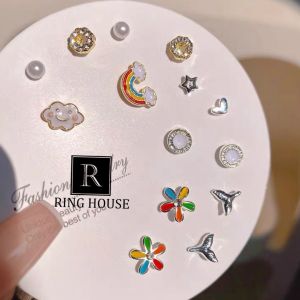 (Chuôi bạc 925) Set khuyên tai bông tai nữ cầu vồng đẹp Ring House