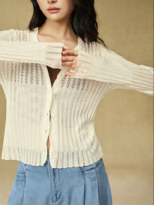 SUSHE | Hollow Lace Lycell Flare Sleeve Stretch Knit Cardigan