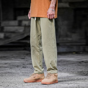 Spring Summer Mens Casual Loose Straight Cotton Trousers Retro American Workwear Long Pants Trendy Khaki Color Pocket Decorated