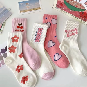 Jual Kaos Kaki Panjang Wanita Katun Motif Hati Cherry Pink Putih Full Color JCKK313.mp4