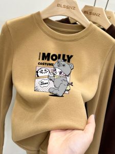 เสื้อยืดกํามะหยี่หนาฐานอบอุ่นสําหรับผู้หญิงหลวมพอดีคอกลมอเนกประสงค์สีทึบชั้นบนการขายอีคอมเมิร์ซบริสุทธิ์