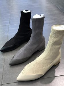 Korean Style Short Boots Womens Spring Autumn Winter Low Heel Elastic Knitted Booties Fashionable All-Match Wool Blend Lined