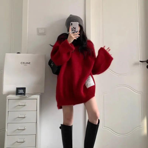 [Very Thick] 37.50 Kg-150.00 kg plus Size 2023 Autumn and Winter New Hooded Outwear Christmas Red Sweater Women