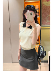YUEZHONGWEI | French Collar Color Block Ice Silk Knitted Vest Women Summer Outdoor Wear Slim Fit Short Sleeveless Polo Shirt Top