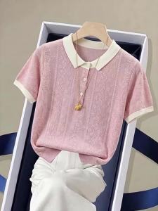 Slimming and Youthful Pink Knitted Short-sleeve T-Shirt