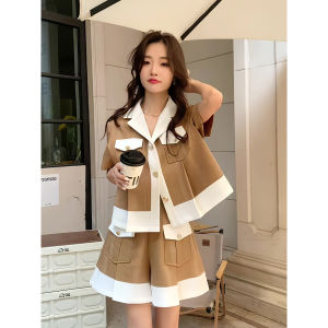 Loose High Waist Short Sleeve Shirt Womens Fashion Set Summer New Style Slimming Half Skirt Two-Piece Set Cotton Material