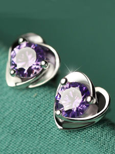 S925 Sterling Silver Purple Crystal Earrings Women Simple Zircon Plated White Gold Heart Ear Jewelry Student Gifts