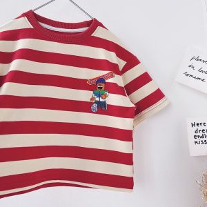 Boys Red And White Striped Short Sleeve T-Shirt round Neck Five-Quarter Sleeve Childrens Clothing Casual Style Summer New Arrival