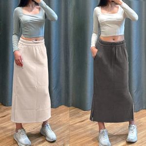 High Waist Side Slit Yoga Casual Loose Lazy Womens Mini Skirt A-Line Cotton Polyester Blend Mid-Length Solid Color