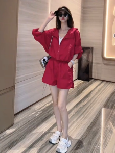 Shalldoer | Casual Womens Two-Piece Set Summer Hat Drawstring Thin Outerwear Straight Leg Shorts Sun Protection Suit Long Sleeve Zipper