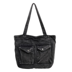 Retro Denim Large Capacity Womens Shoulder Bag with Zipper Multi-Pocket Commuter Tote Bag Durable Foldable Soft Handbag