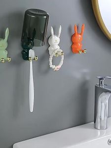 Cartoon Rabbit Toothbrush Holder Multi-Function Storage Rack Non-Punching Fun Bathroom Shelf with Plug Hook Organizer