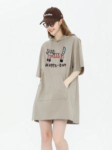 Loose Fit Cat Print Hoodie Dress Summer Short Sleeve Womens T-Shirt Dress Street Style Creative Pattern Cool Feeling Thin Material