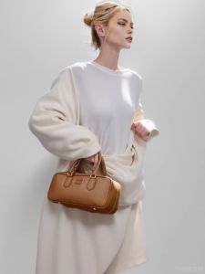 Real Leather Bowling Bag Womens Crossbody Single Shoulder Handbag Stylish Boston Pack Macaron Element Casual Daily Use