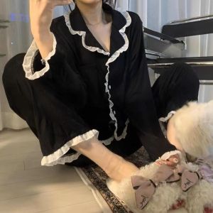 2023 New Womens Pure Cotton Lace Trim Long Sleeve Long Pants Sleepwear Set Simple Solid Color Korean Fashion Home Clothes