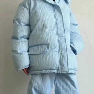 2026 Winter New Fashion Warm Stripe Loose Edition Drawstring Cotton Jacket Womens Long Sleeve Hooded Button Zipper Jacket