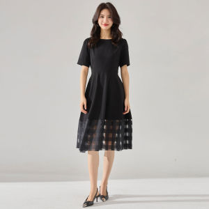 Slimming A-Line Dress Elegantly Spliced with Ogees Knowledgably Designed High Waist Summer Commute Ready Polyester Fiber Dress