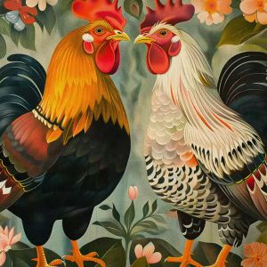 Tranh phong thủy đôi gà trống đại cát phong cách trang trí cách điệu hiện đạiTranh treo tường dán tường.CGI-940