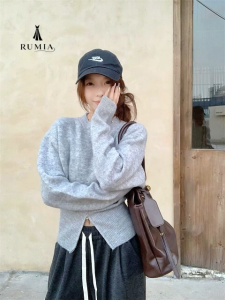 RUMIA Women Knit Sweater High Neck Long Sleeve Ribbed Slim Fit Cropped Top Waist Zipper Detail Korean Casual Fashion Sweater