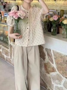 Polka Dot Cotton Linen Bubble Sleeve Short Shirt Women Loose Fit Summer Fashionable Small Size Trendy Top French Style Printed Splice Lace
