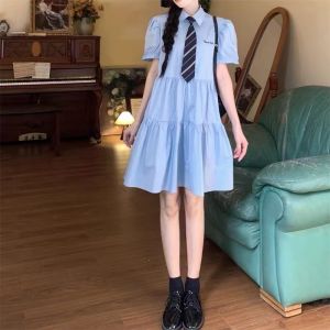 Tokyo Kakekigo Summer 2024 Womens Plump Sister Blue Dress with Tie College Style Sweet Princess A-Line Midi Skirt