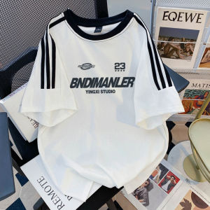 Three Bars Pure Cotton Short Sleeve Men Clothing Summer American High Street Loose Trendy Casual Couple Half Sleeve T-shirt Clothes