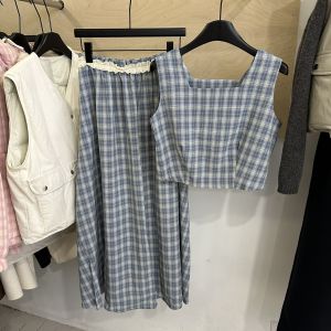 Retro Square Collar Lace Patchwork High Waist Mini Skirt Womens Korean Style Plaid Two-Piece Set Strapless Top Bottoms