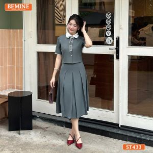 Set BEMINE cổ đức có dây nơ chân váy xếp ly phù hợp đi làm-ST433