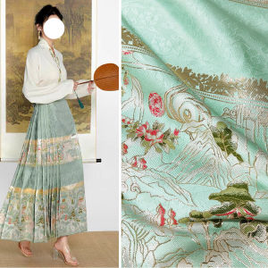 MM038 Spring Mountain Stream Water Ming Dynasty Hanfu Horse Tailed Skirt Woven Gold Makeup Floral Embroidery Silk Fabric