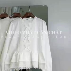 Áo sơ mi nữ A.717 Áo sơ mi cổ tròn ren dáng babydoll vạt bồng phối ren kết hợp 3 nơ dọc dễ thương - Shop Chấm Bi