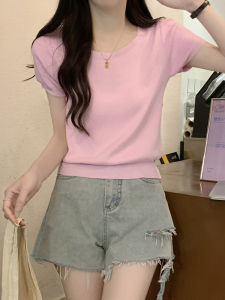 Pink Ice Silk Knitted Short Sleeve T-Shirt Womens Slim Fit Half Sleeve Half Skirt Matching Short Top Summer New Arrival