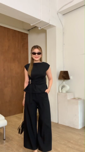 Kani Set พร้อมส่ง 5 สี - ชุดเซ็ทขายาว 2 ชิ้น งานเสื้อแขนสั้นแต่งผูกหน้าเรียบหรู ดูแพง ทางการ สีดำ BEETY (B040)