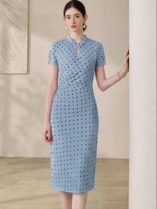 Roey s house | Elegant Chinese Style Blue Polka Dot Slim Fit Cheongsam Dress