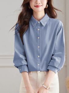 Timo Hong Kong Pure Cotton Long Sleeve Shirt Womens Casual Blue Outerwear Spring Autumn Loose Small Size Artistic Top