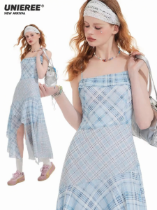 unifree | Đầm Halter Gingham Xanh Chắp Ghép Dây Đai Không Đều
