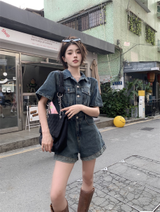 Retro Short Sleeve Jeans Jumpsuit Hong Kong Style Curling Short Pants Womens Summer Chic Waterwashed Loose Connected Jumpsuit Set