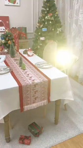 4/6/8/10seater Table Runner Merry Christmas Table flag Cotton Linen Woven and Embroidered Multi-Style Xmas Party Snowflake Border Christmas Decorations Home Decoration