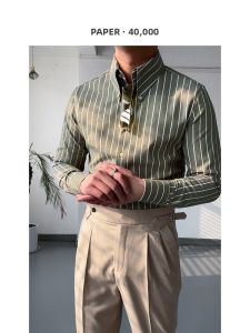 Business Casual Long Sleeve Stripe Shirt Green Buttoned Long Collar Slim Fit