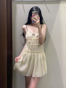Summer Yellow Sweet French Style Princess Dress with Bowknot Slimming Strap Short Skirt No Sleeve A-Line Silhouette One Piece