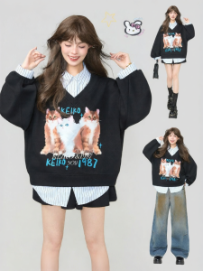 KEIKO | Áo Thun Nữ Dễ Thương In Hình Mèo Giả Lớp Cổ Polo